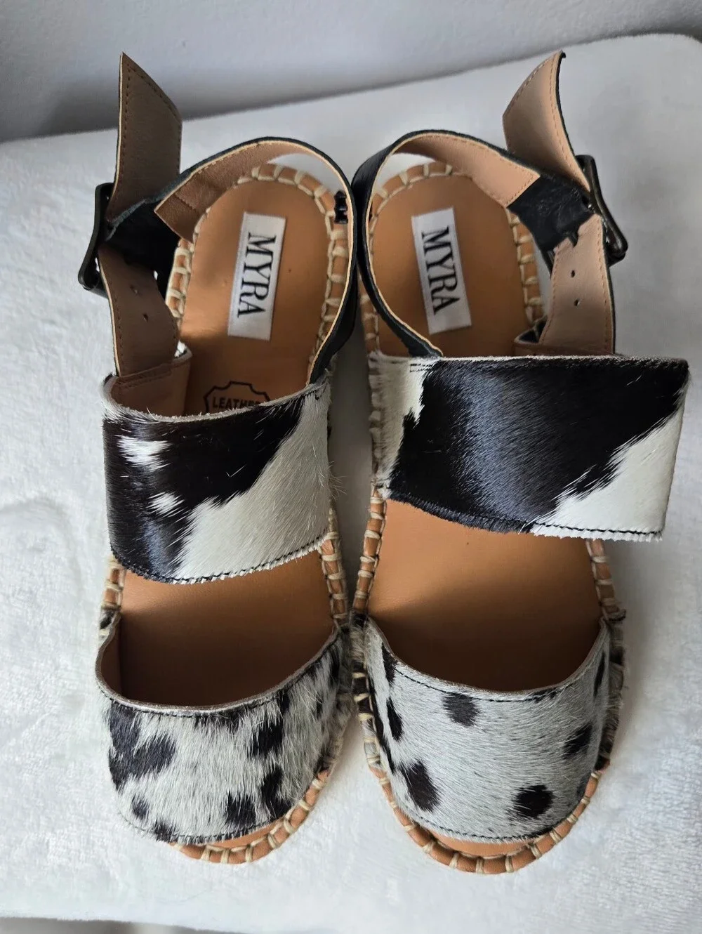 NWOT Myra Mignon Black & White Hair-On Cowhide Espadrille Sandals Size 6